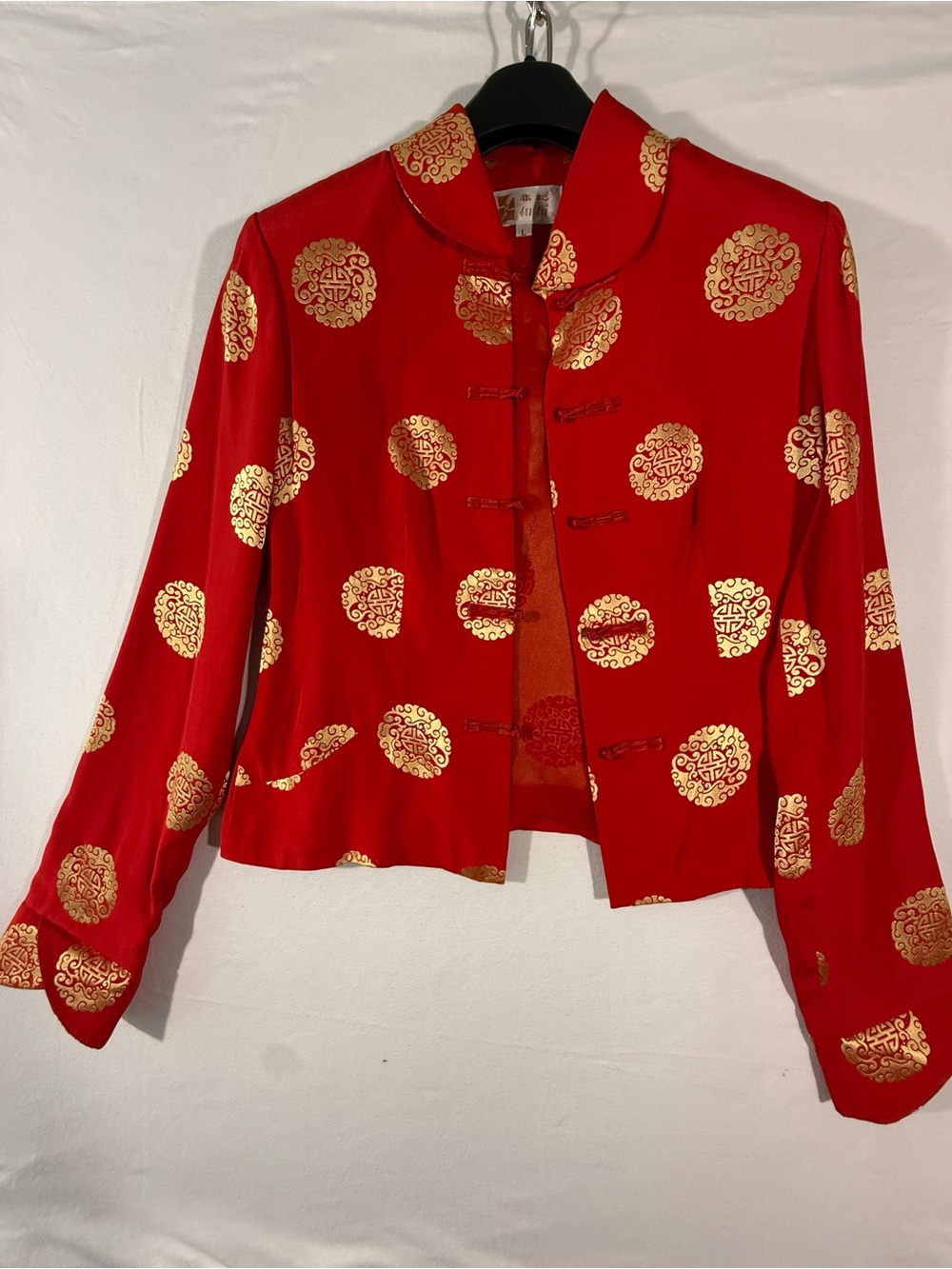 Women's Silk Red Mandarin Collar Blazer with Gold Medallion Accents